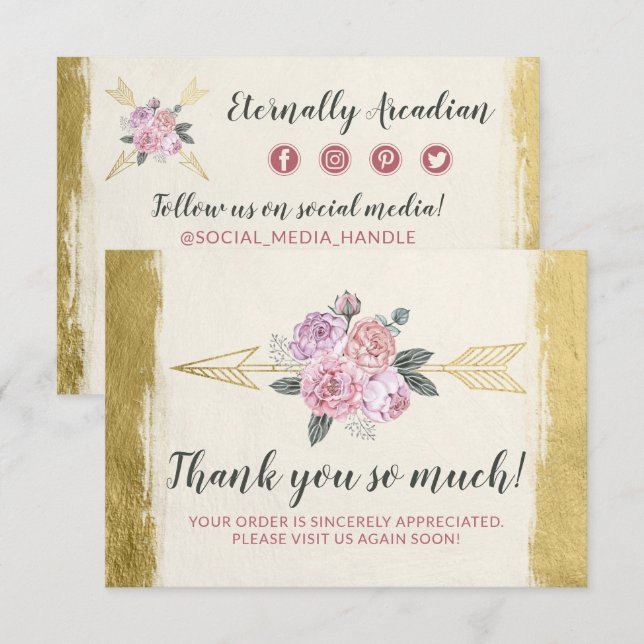 Convites Obrigado Bohemian Floral Arrows Blush Dourado Card (Frente/Verso)