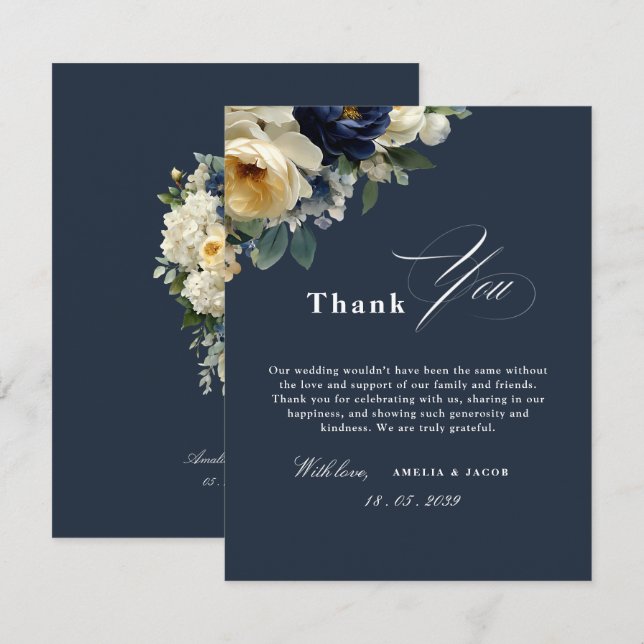 Convites Obrigado Casamento Azul Naval Floral & Peônias (Frente/Verso)