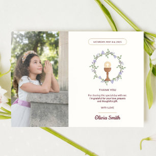 Convites Obrigado de comunhão floral roxo com foto
