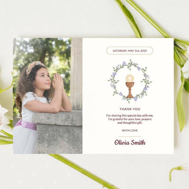 Convites Obrigado de comunhão floral roxo com foto (Printed First Communion reminder with custom name and date)