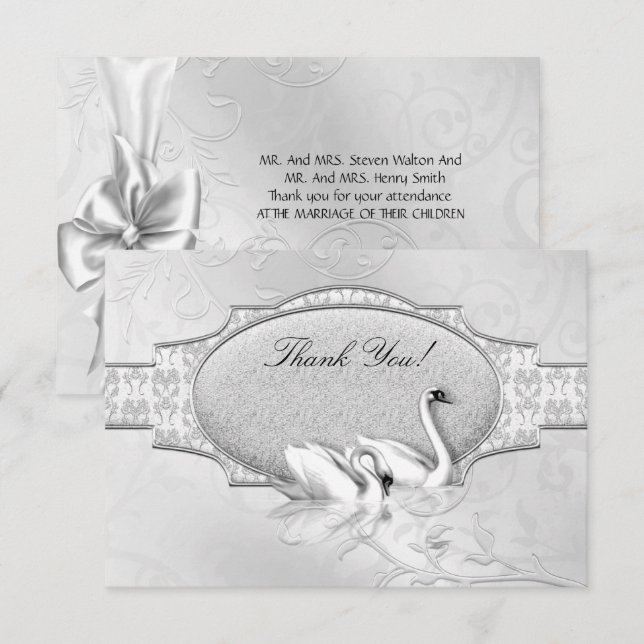 Convites Obrigado Elegante Casamento Cisnes Prata e Branco  (Frente/Verso)