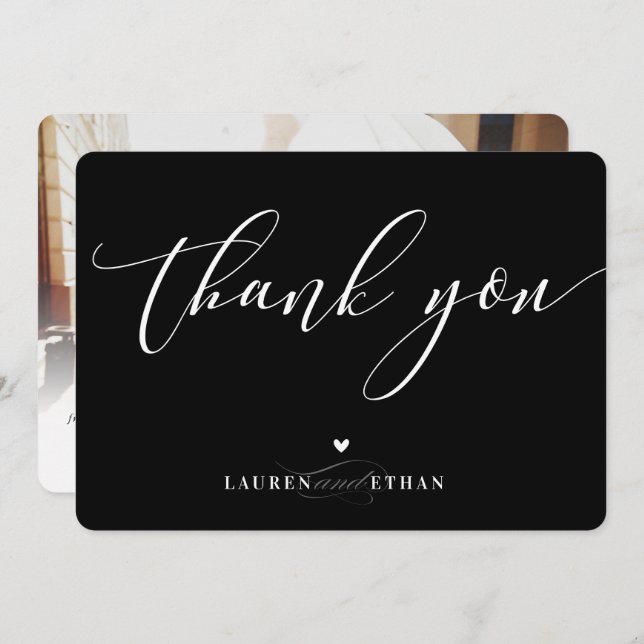 Convites OBRIGADO, foto de casamento elegante caligrafia (Frente/Verso)