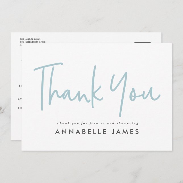 Convites obrigado na moda de tipografia dupla azul-moderna (Frente/Verso)