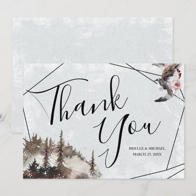 Convites Obrigado pelo Casamento com Corvo e Lua (Frente/Verso)