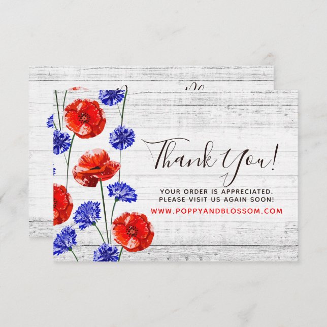 Convites Obrigado Red Poppy & Cornflower Rusly Wood Card (Frente/Verso)