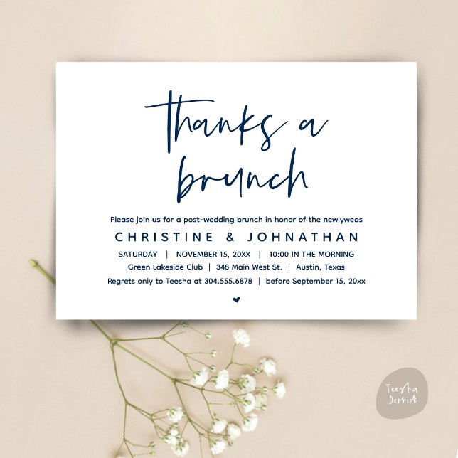 Convites Obrigados A Brunch, Celebração de Casamento Poste  (Thanks a brunch, The Morning After, post wedding celebration invitation card, PDF, Navy Blue)