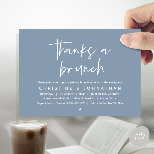 Convites Obrigados A Brunch, Celebração de Casamento Poste  (Thanks a brunch, The Morning After, post wedding celebration invitation card, PDF, Dusty Blue)