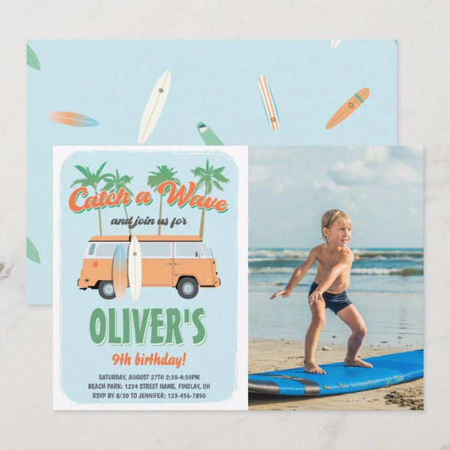 Convites Obtenha uma Festa de aniversário de fotos do Surf  (Frente/Verso)
