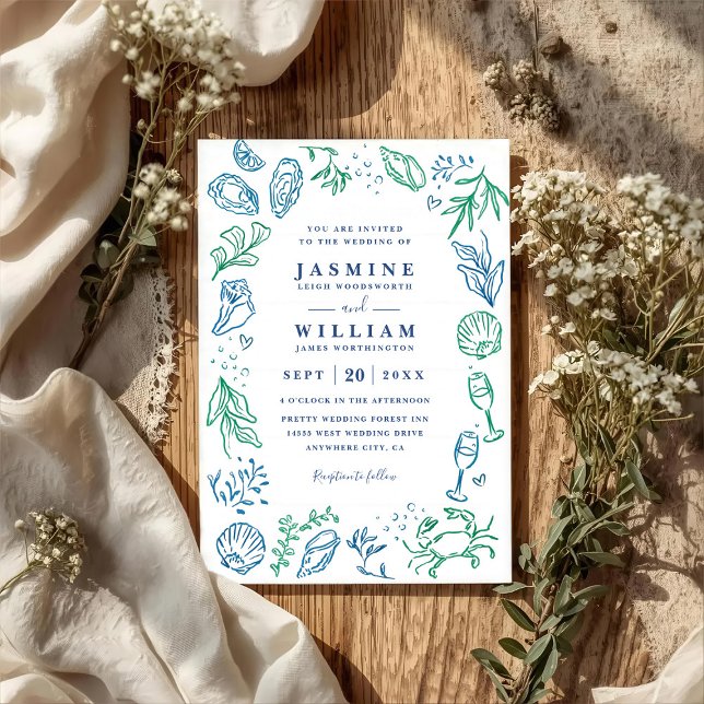 Convites Ocean Beach Nautical Shell Elegant QR Code Wedding (Criador carregado)