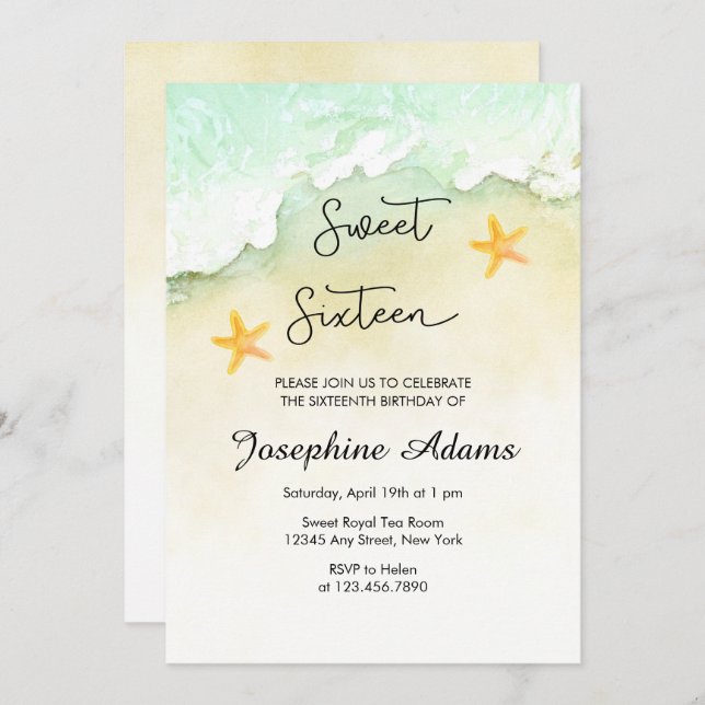Convites Ocean Beach Tropical Watercolor Sweet 16 (Frente/Verso)