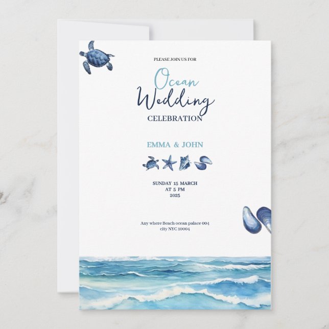 Convites Ocean Beach vibes blue wedding invitation card (Frente)