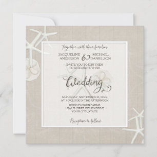 Convites Ocean Beach Wedding Starfish Damask Wooden Rustic