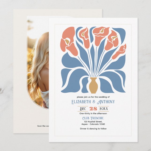 Convites Ocean & Coral Sand Abstract Floral Boho Wedding (Frente/Verso)