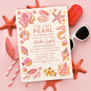 Convites Ocean Pearl Sea Creatures primeiro aniversario