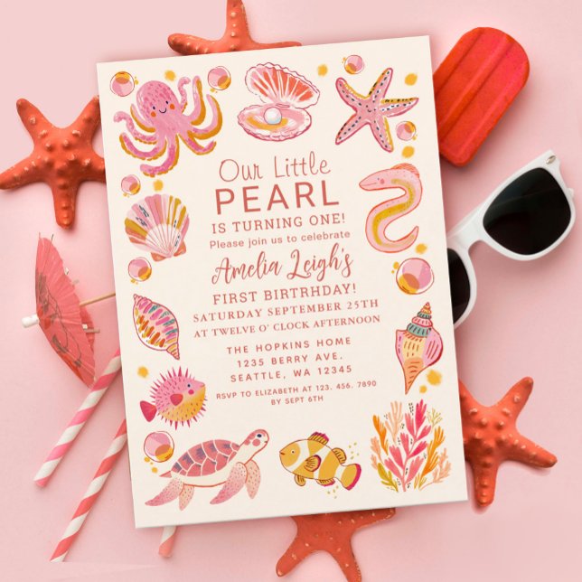 Convites Ocean Pearl Sea Creatures primeiro aniversario (Criador carregado)