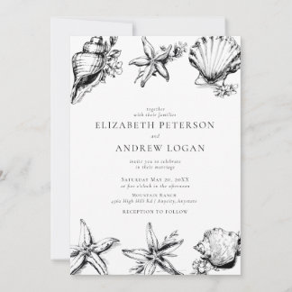 Convites Ocean Seashell Modern Minimal Black White Wedding 
