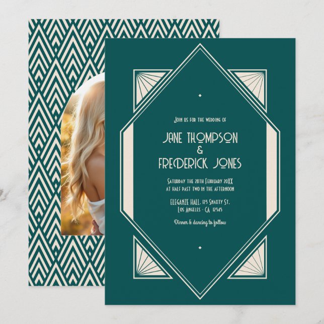 Convites Ocean Teal & Pale Sand Art Deco Wedding Photo (Frente/Verso)
