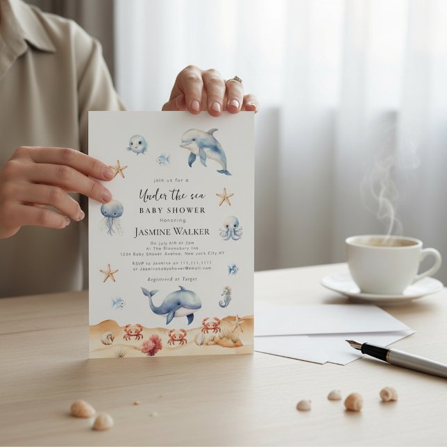 Convites Ocean Theme Watercolor Dolphin Baby Shower (Criador carregado)