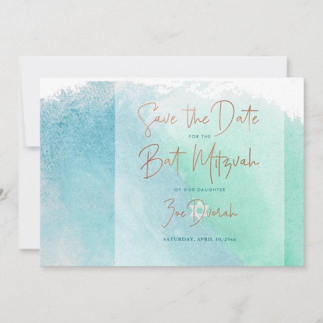 Convites Ocean Watercolor Beach Bat Mitzvah Guarda a Data (Frente)