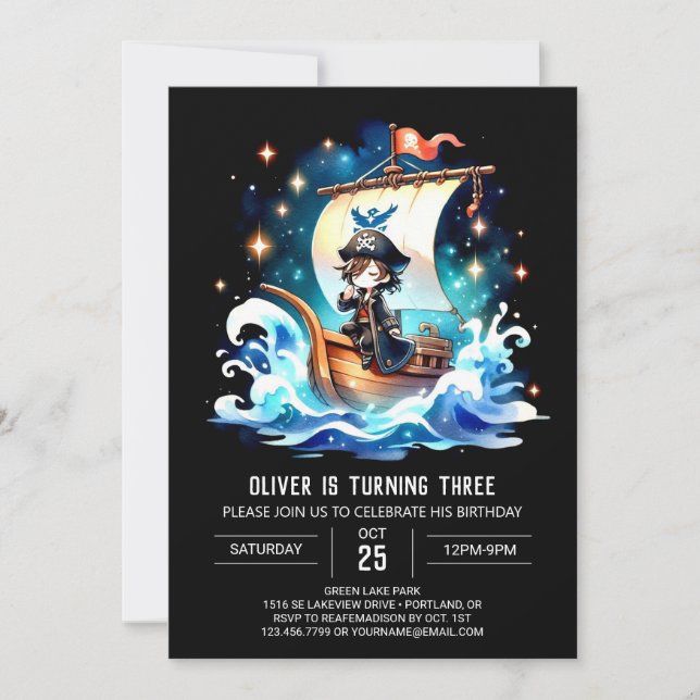 Convites Ocean Watercolor Pirate Birthday (Frente)