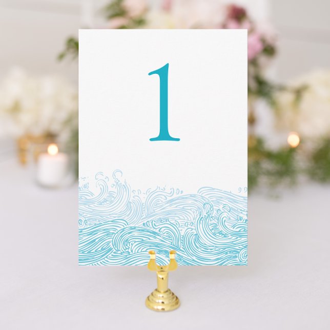 Convites Ocean Waves Beach Weding Aqua Blue Table Number (Beach Wedding Table Number with Aqua Blue Waves from Nautical Stationery designer Concertina Press)