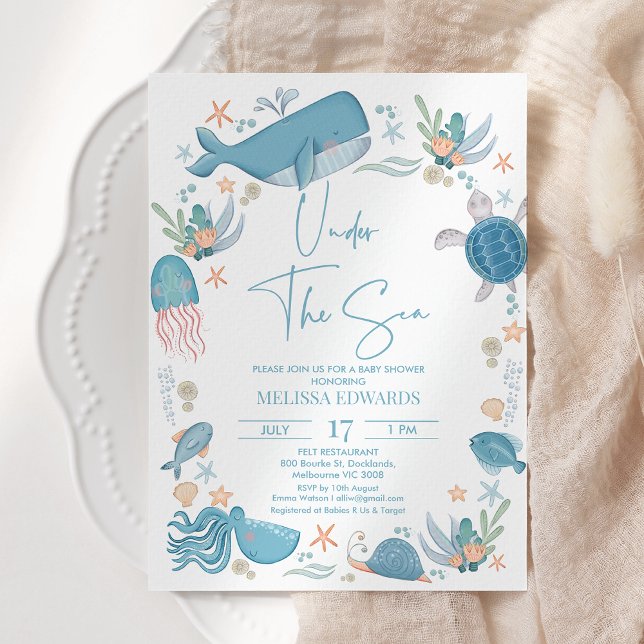 Convites Oceano de Meninos Azuis Modernos sob o Chá de fral (Under The Sea Baby Shower Invitation Template Blue, Editable Ocean Themed Baby Shower Invitation)