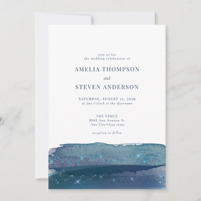 Convites Oceano em Aquarela | Casamento Azul-Marinho (Frente)