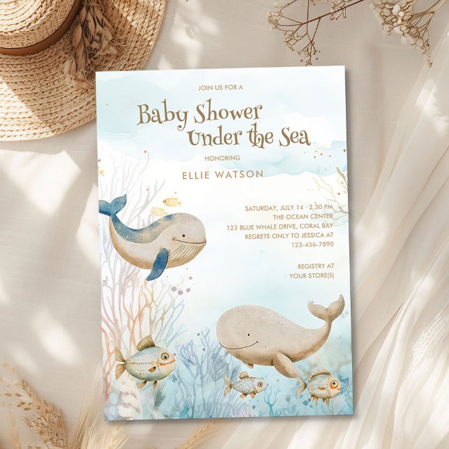 Convites Oceano Suave Neutro Sob O Chá de fraldas Marinho (Under the Sea Baby Shower from the Whale Baby Shower Collection by Darling & May)