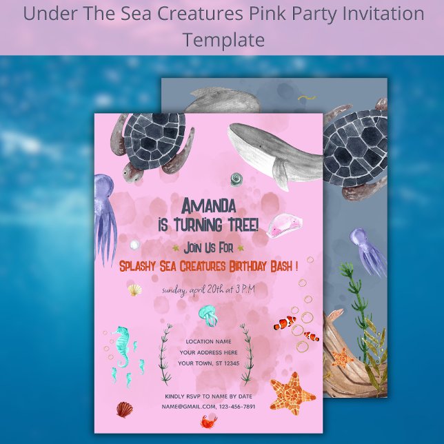 Convites Oceanos Animais Tartarugas Crianças Festa Rosa Con (Criador carregado)