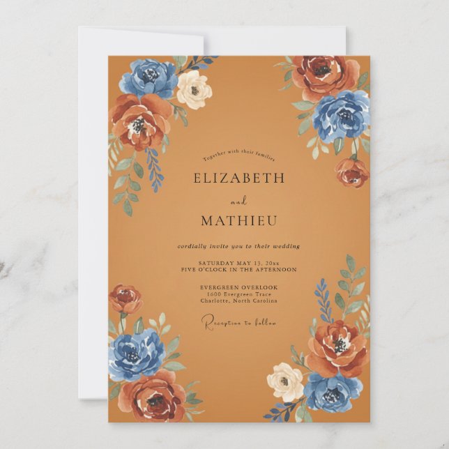 Convites Ochre Cornflower Ranunculus Eucalipto Suave Weddin (Frente)