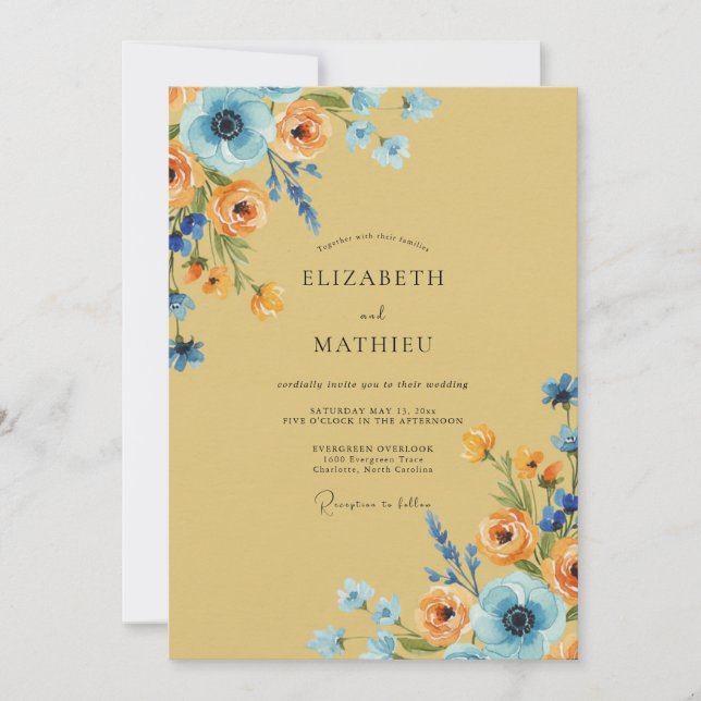 Convites Ocre Azul Ranunculus Poeira Eucalipto Casamento (Frente)