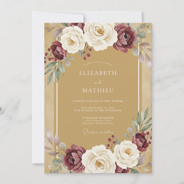 Convites Ocre Burgundy Floral Romântico Casamento (Frente)