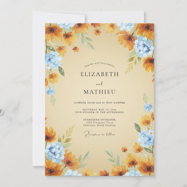 Convites Ocre Girassol Azul Azure Casamento (Frente)