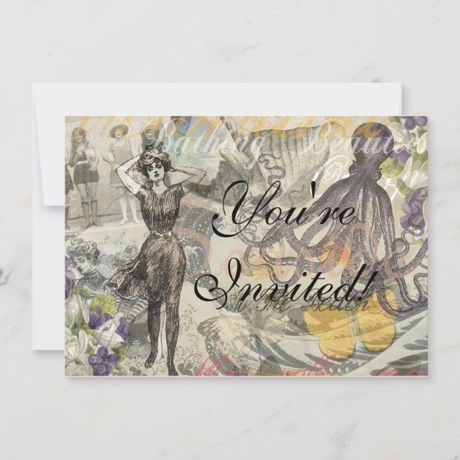 Convites Octopus Beach Antique Coastal Steampunk (Frente)