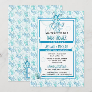 Convites Octopus de Chá de fraldas Blue & Teto Watercolor