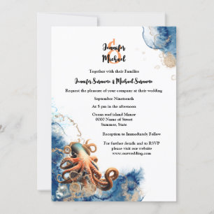 Convites Octopus laranja azul ondas cúbicas costeiras