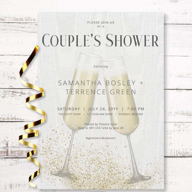 Convites Óculos de champanhe modernos e Chá de Casal brilha (Modern Champagne Glasses & Glitter Couple's Shower Invitation)