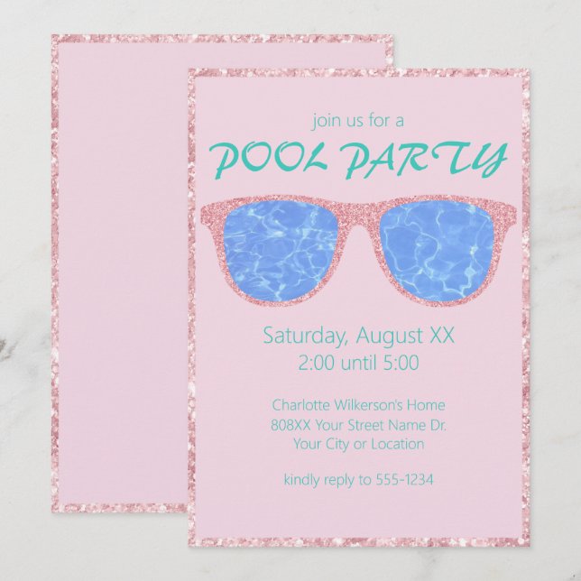 Convites Óculos de Sol Rosa Brilho Festa na Piscina (Frente/Verso)