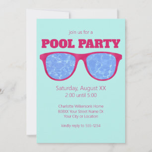 Convites Óculos de Sol Rosa Choque na Festa na Piscina Turq