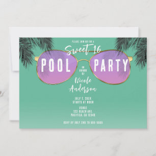Convites Óculos de Sol Rosa e Dourado Festa de Piscina Teen