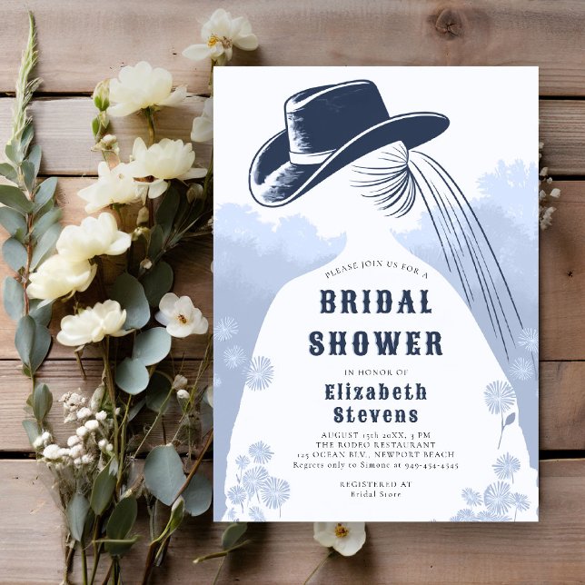 Convites Oeste de Flores Selvagens Russas Eu Faço Chá de pa (western bridal shower invitation prairie wildflowers cowgirl cowboy hat something blue before I do)