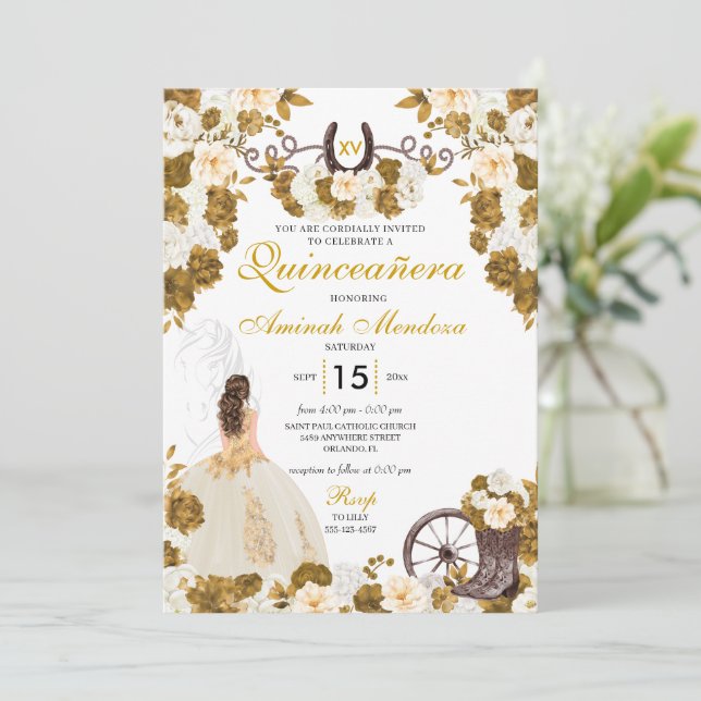 Convites Oeste Dourado Ivory Charro Cowgirl Quinceañera (Em pé/Frente)
