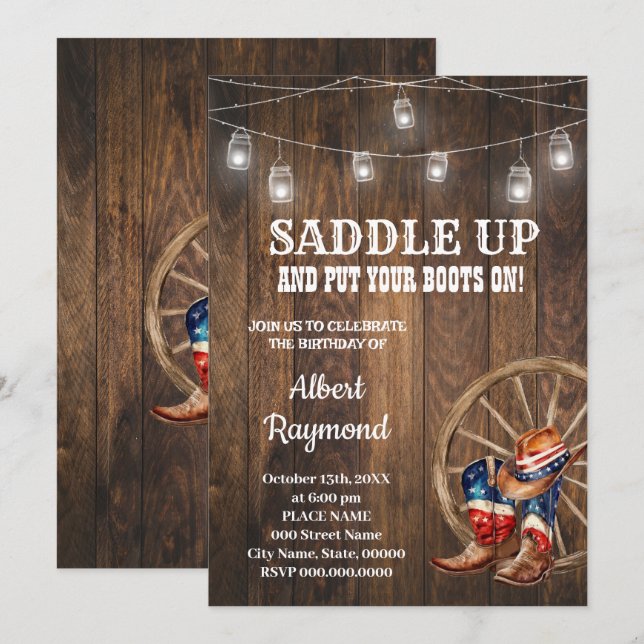 Convites Oeste Patriótico Aniversário do País Vermelho Azul (Frente/Verso)