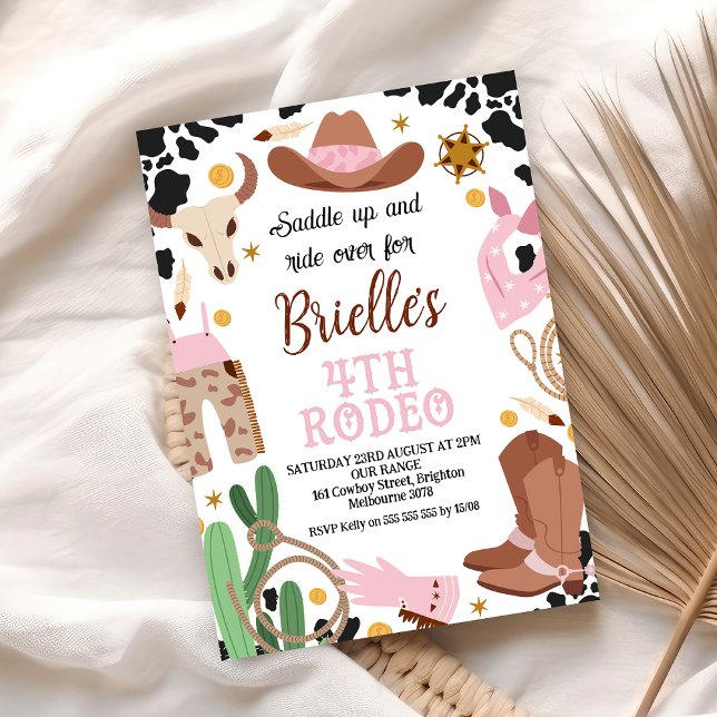 Convites Oeste Selvagem Rosa, Oeste, 4° aniversário do Rode (4th Rodeo Cowgirl Birthday Party Invitation Wild West Cowgirl Fourth Rodeo Editable Template)