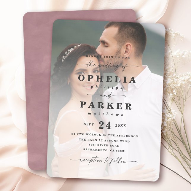 Convites Ofélia Elegante Script Foto Casamento (Say "I DO" to Romantic Watercolor Florals and a Cottagecore Vibe with the Ophelia Wedding Suite.)