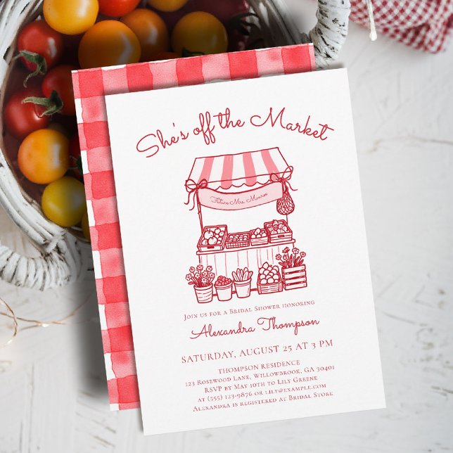 Convites Off the Market Farmers Red Modern Bridal Shower (shes off the market bridal shower invitation red farmer stand hand drawn rustic chic outdoors picnic)