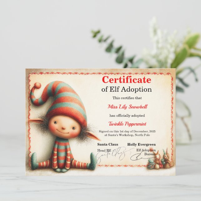 Convites Official North Pole Elf Adoption Certificate  (Em pé/Frente)