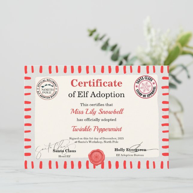 Convites Official North Pole Elf Adoption Certificate  (Em pé/Frente)