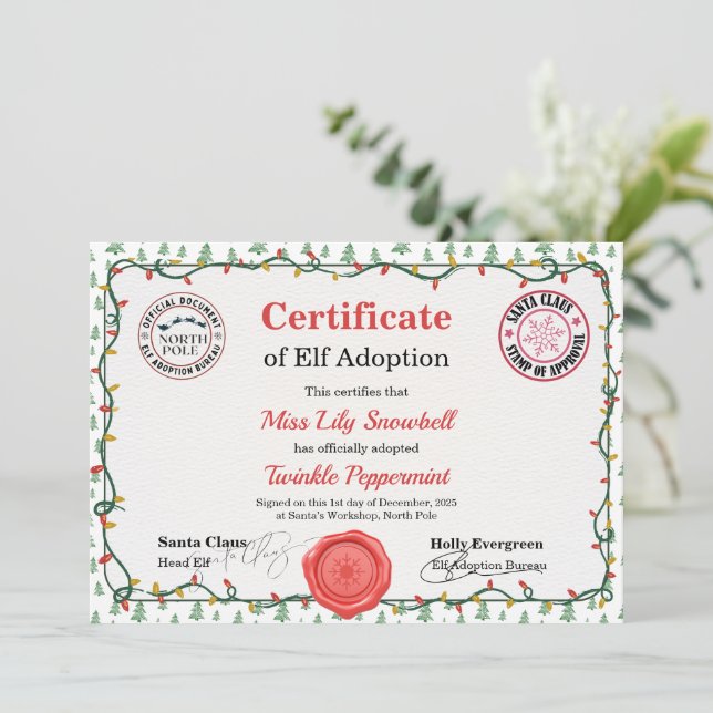 Convites Official North Pole Elf Adoption Certificate  (Em pé/Frente)