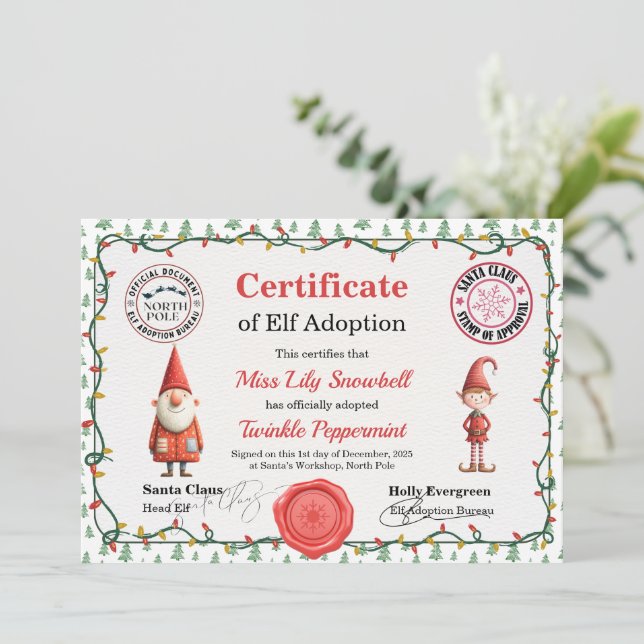 Convites Official North Pole Elf Adoption Certificate  (Em pé/Frente)